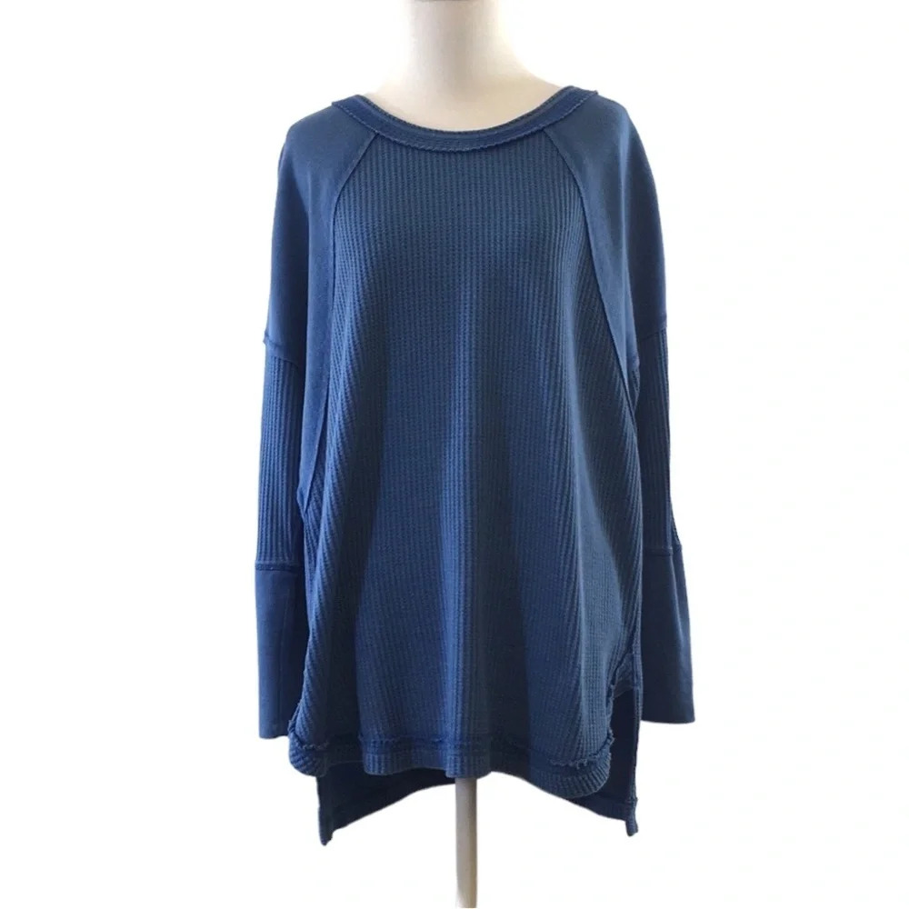 Soft Surroundings Blue Waffle Knit Kaydence Tunic Top Womens PXL‎ Cotton Hi Low